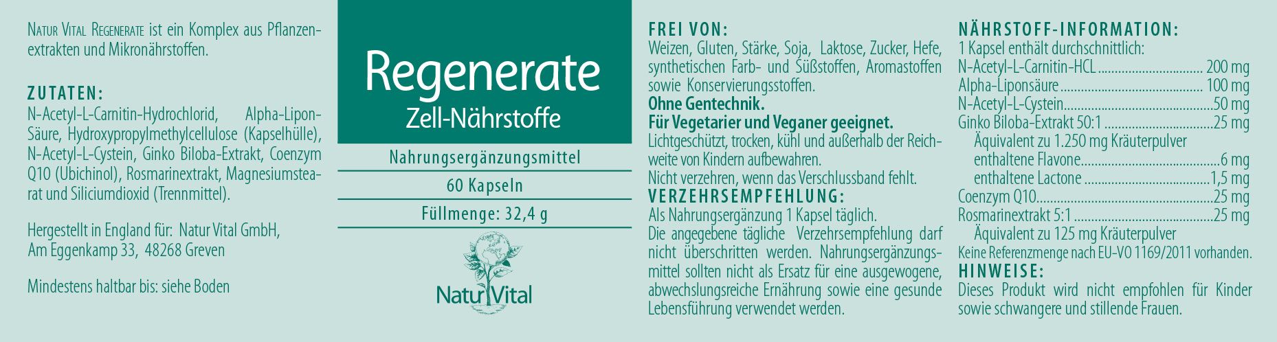 Natur Vital Regenerate, 60 Kapseln  EAN: 4262512990637