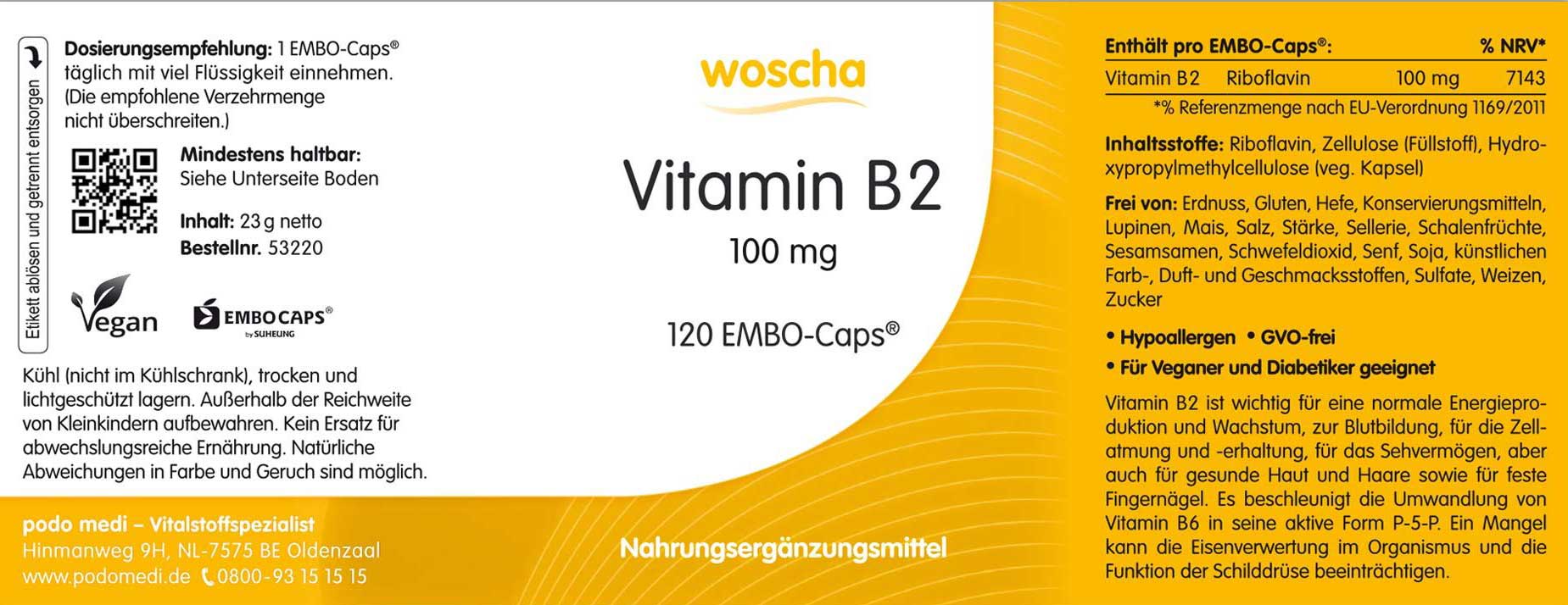 Woscha Vitamin B2 von podo medi beinhaltet 120 Kapseln Etikett