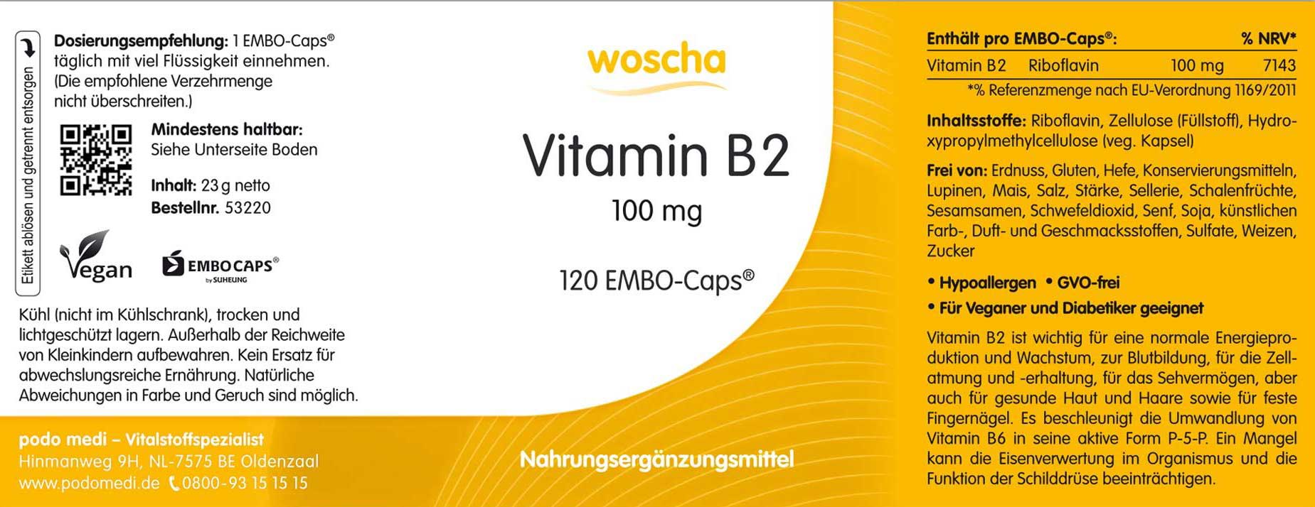 Woscha Vitamin B2 podo medi 120 Kapseln Etikett Woscha Vitamin B2 von podo medi beinhaltet 120 Kapseln Etikett