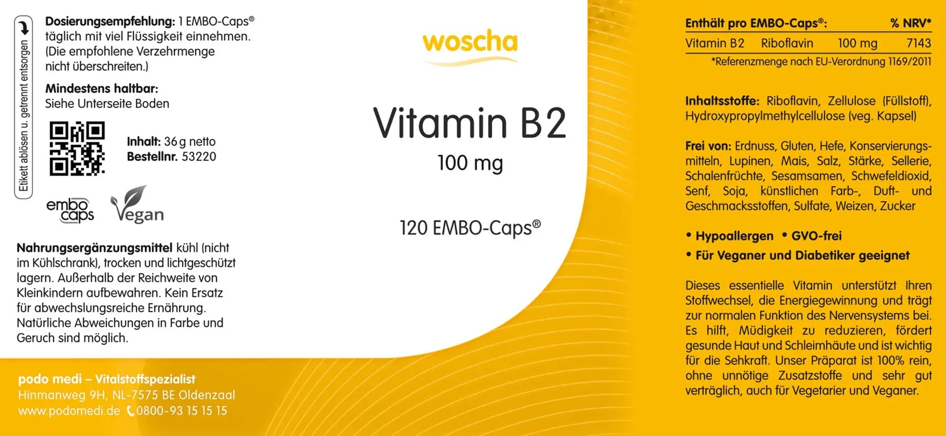 Woscha Vitamin B2 von podo medi beinhaltet 120 Kapseln Etikett