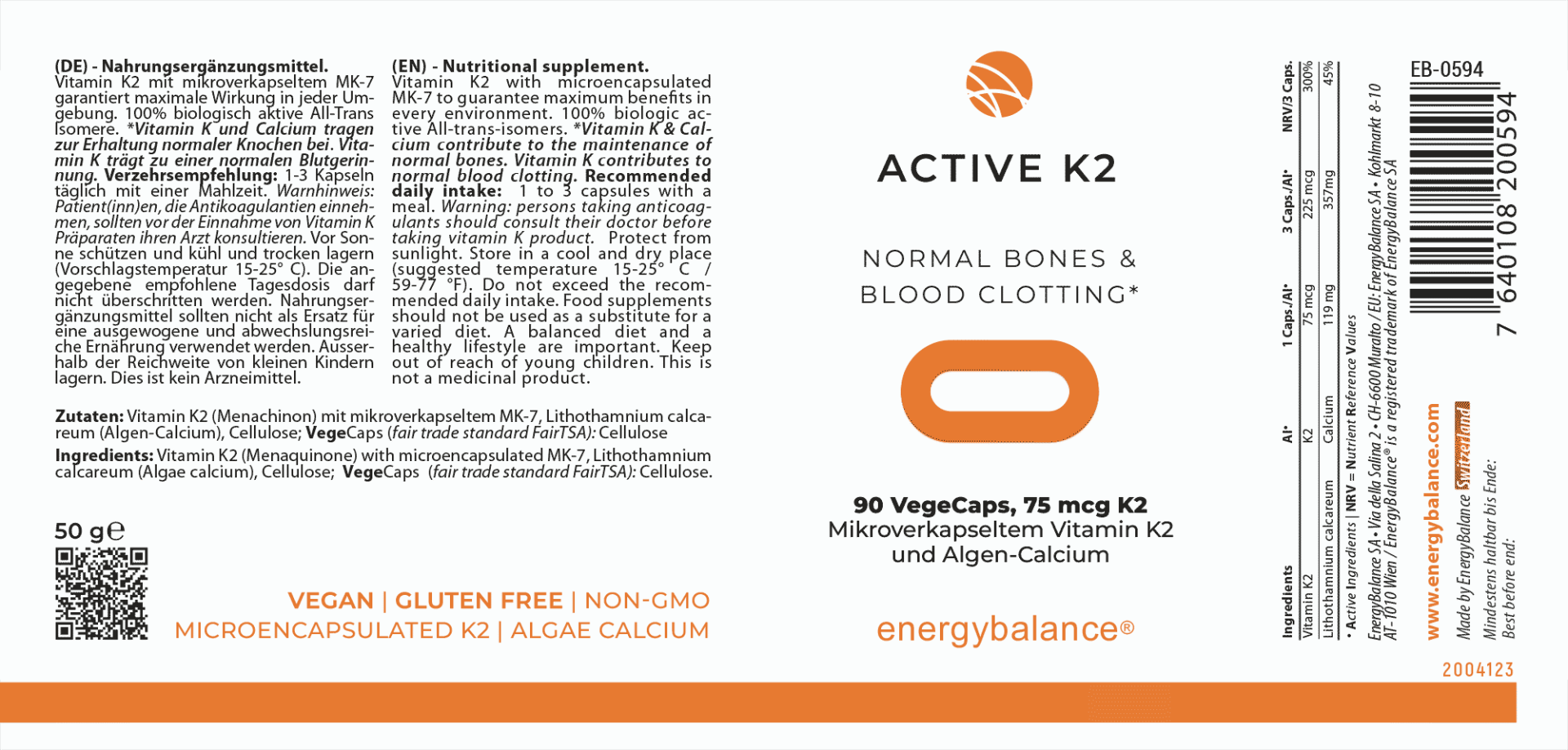 EnergyBalance Active K2 Vitamin MK-7, 90 VegeCaps Knochen EAN: 7640108200594