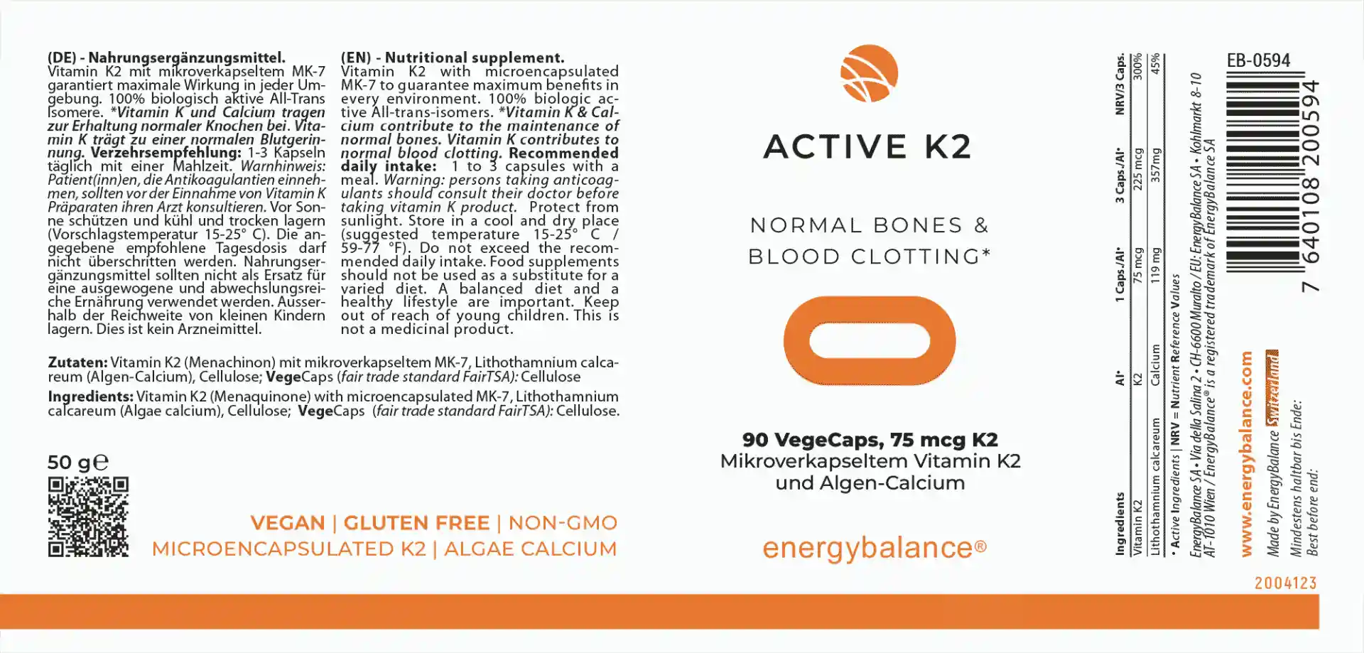 EnergyBalance Active K2 Vitamin MK-7, 90 VegeCaps Knochen EAN: 7640108200594