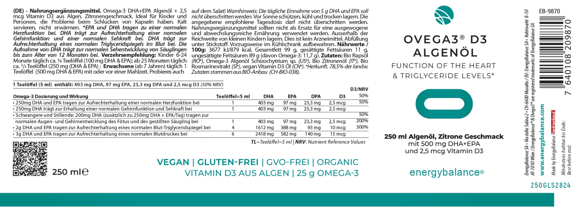 EnergyBalance Ovega3 D3 Algenöl Drink 500mg DHA+EPA, 250 ml  EAN: 7640108209870