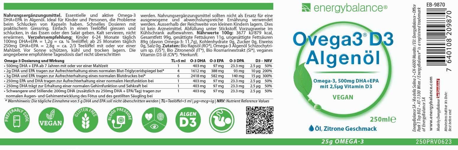 Ovega3 D3 Algenöl Etikett von Energybalance