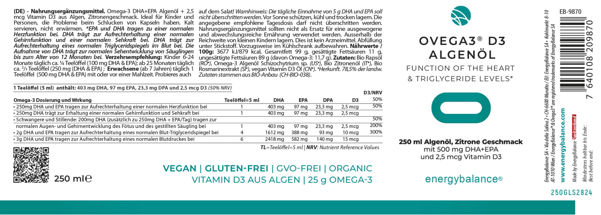 Ovega3 D3 Algenöl Etikett von Energybalance