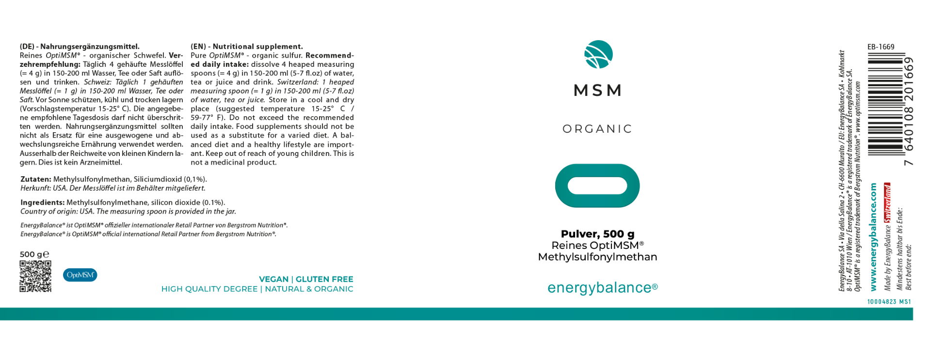 EnergyBalance MSM, reines organisches Methylsulphonylmethan OptiMSM®, 500 g Pulver  Gelenke EAN: 7640108201669