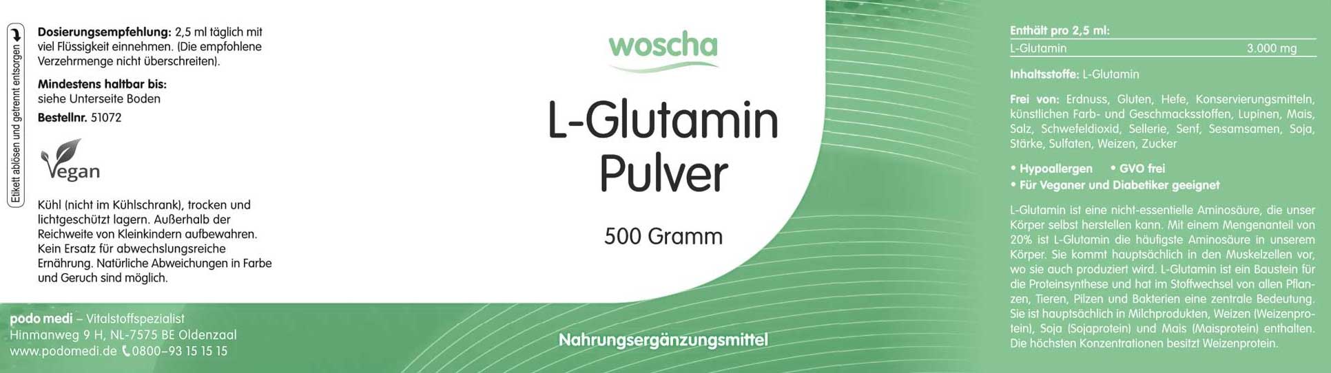 Woscha L-Glutamin von podo medi beinhaltet 500 Gramm Pulver Etikett
