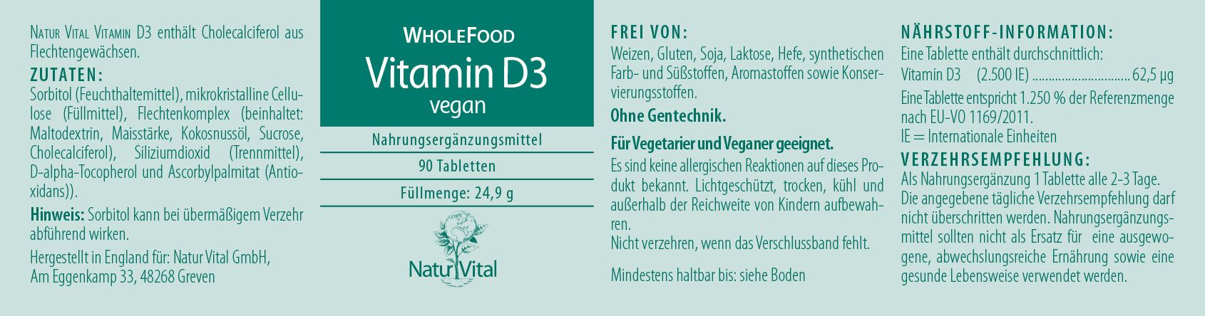 Vitamin D3 vegan von Natur Vital Etikett