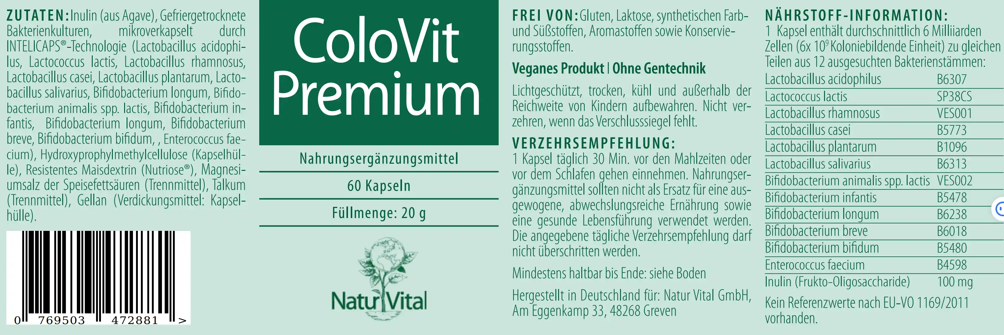 Natur Vital Colovit Premium, 60 Kapseln probiotikum EAN: 4262512990170