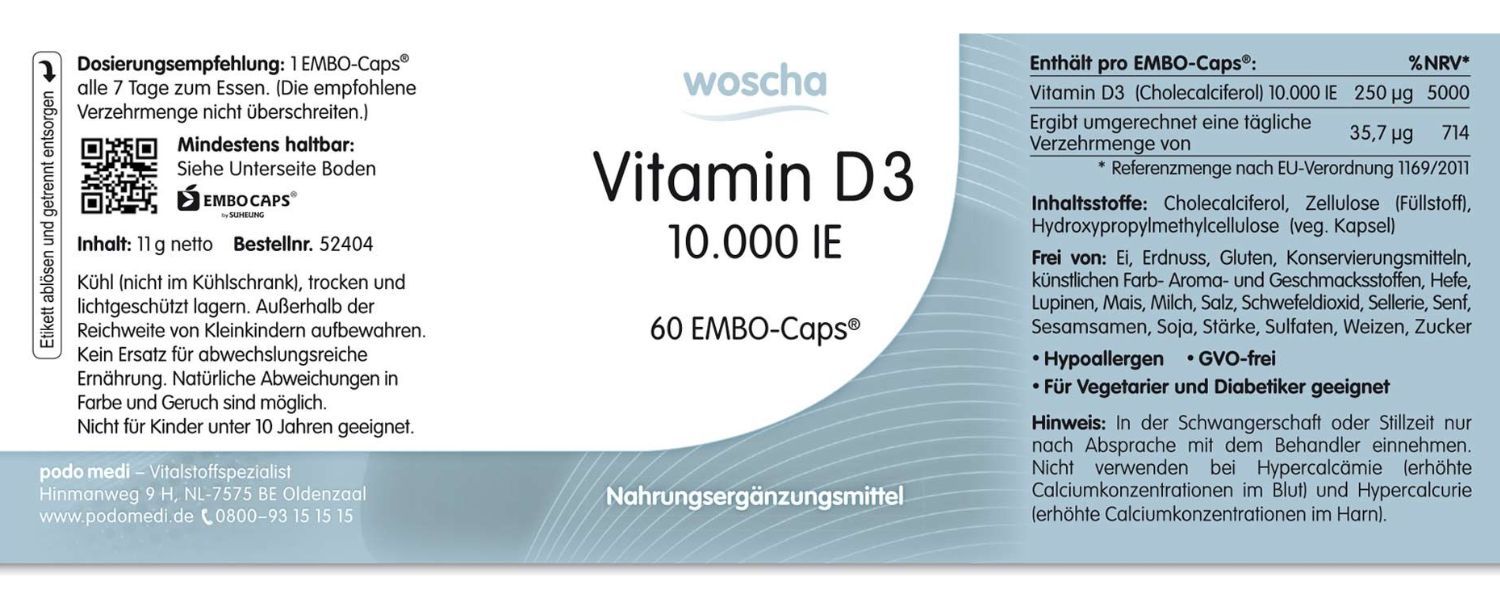 Woscha Vitamin D3 10.000 IE podo medi 60 Kapseln Etikett Woscha Vitamin D3 10.000 IE von podo medi beinhaltet 60 Kapseln Etikett