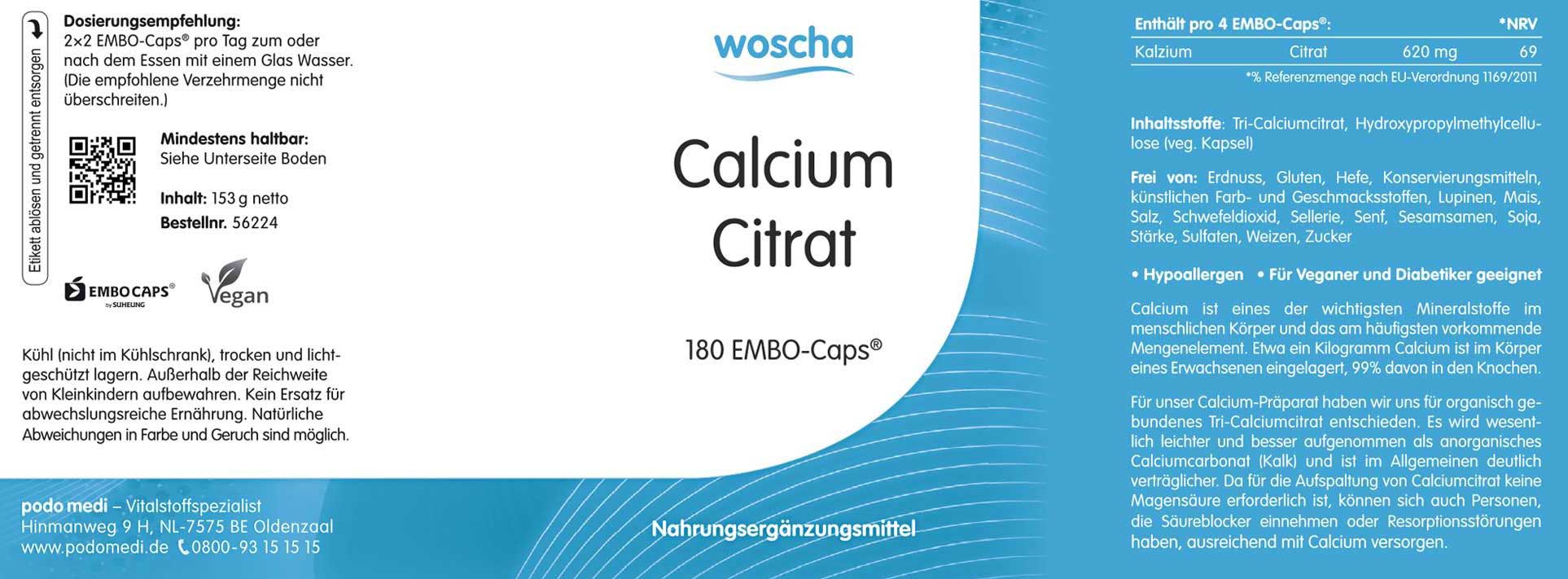Woscha Calcium Citrat organisch von podo medi beinhaltet 180 Kapseln Etikett