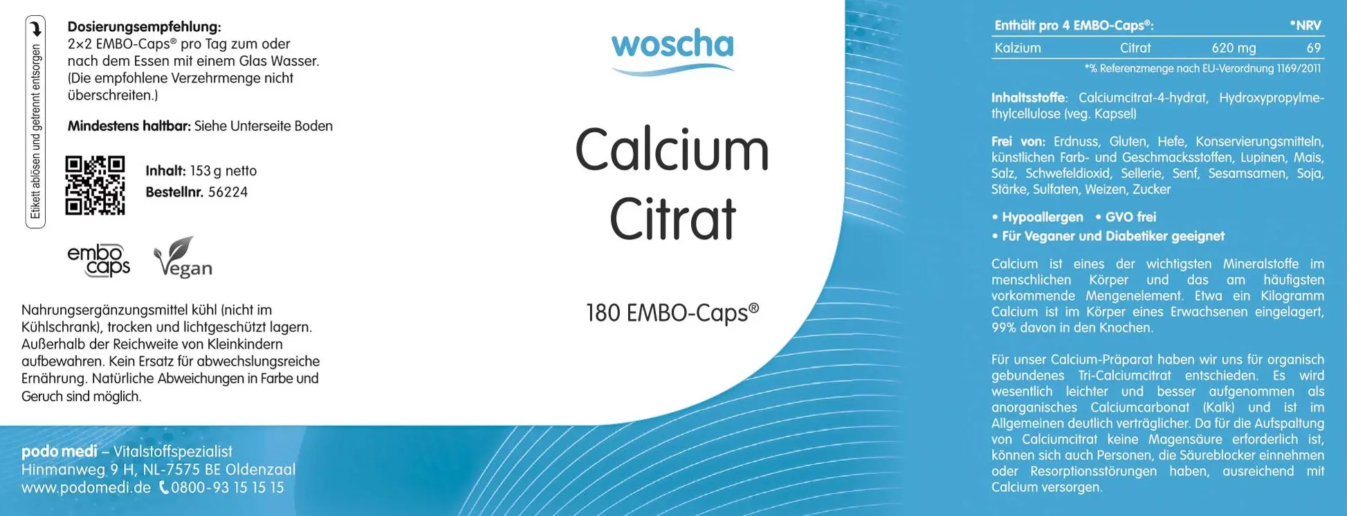 Woscha Calcium Citrat organisch von podo medi beinhaltet 180 Kapseln Etikett