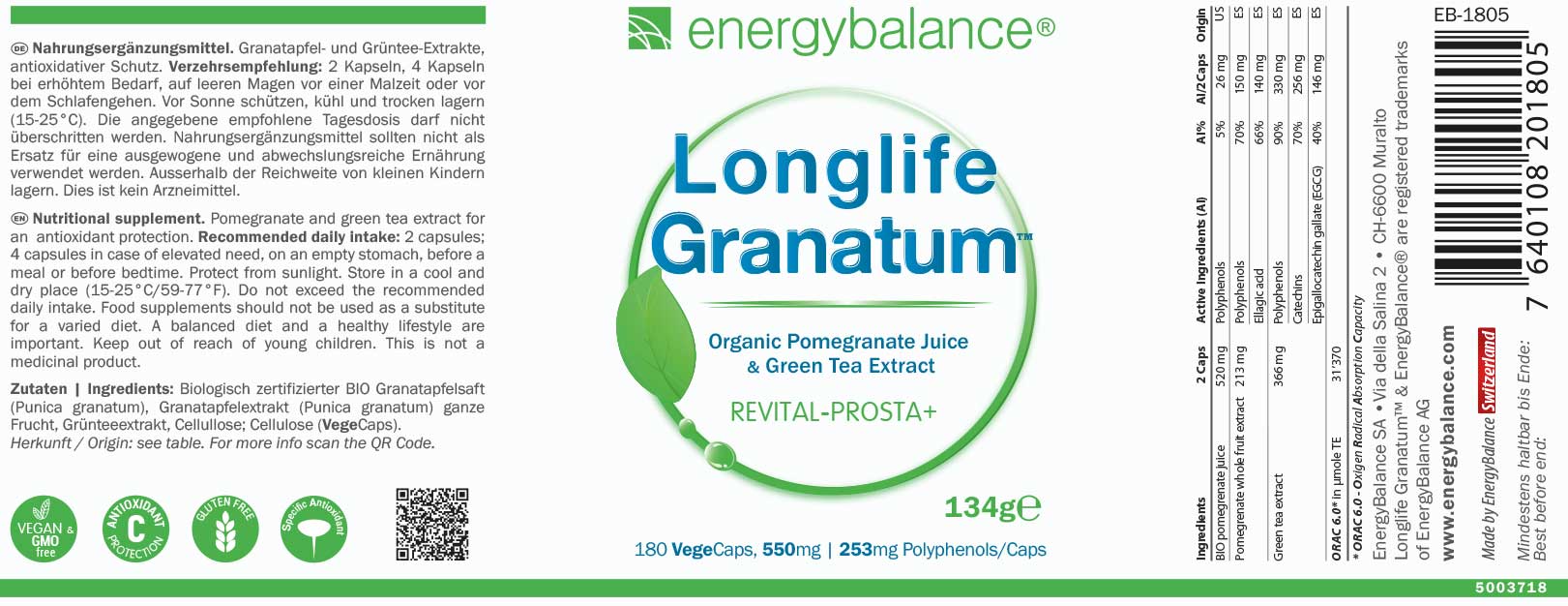 Longlife Granatum + Groene Thee, 180 VegeCaps