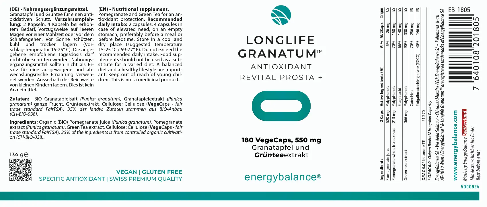 EnergyBalance Longlife Granatum® mit Granatapfel und grünem Tee, 550 mg, 180 VegeCaps  Krebs EAN: 7640108201805