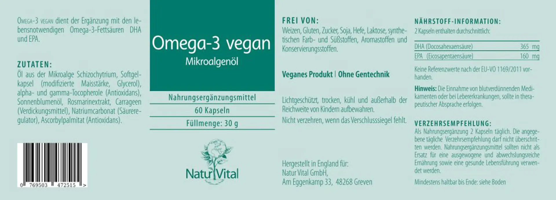 Natur Vital Omega-3 vegan Algenöl, 60 Kapsel  EAN: 4262512990538