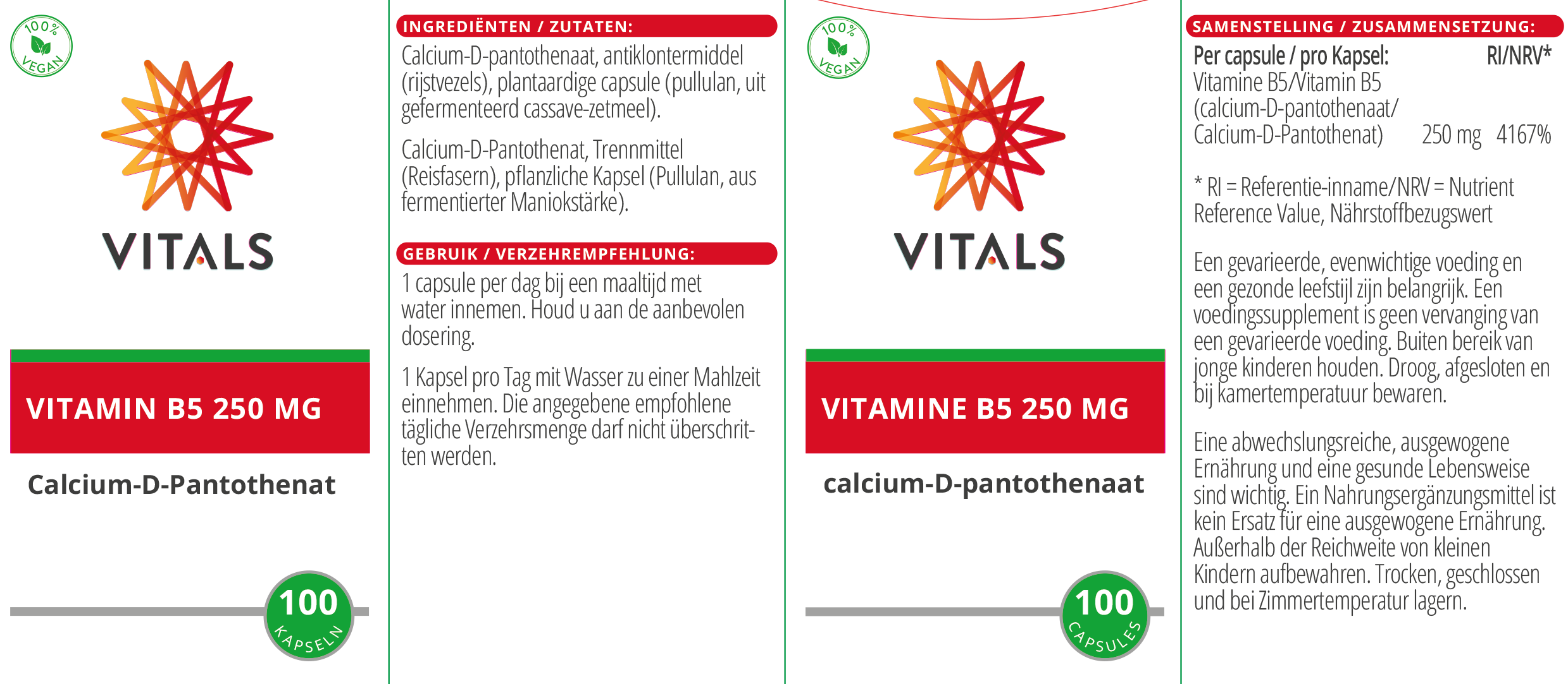 Vitals Vitamin B5 250 mg, 100 capsules  EAN: 8716717000838