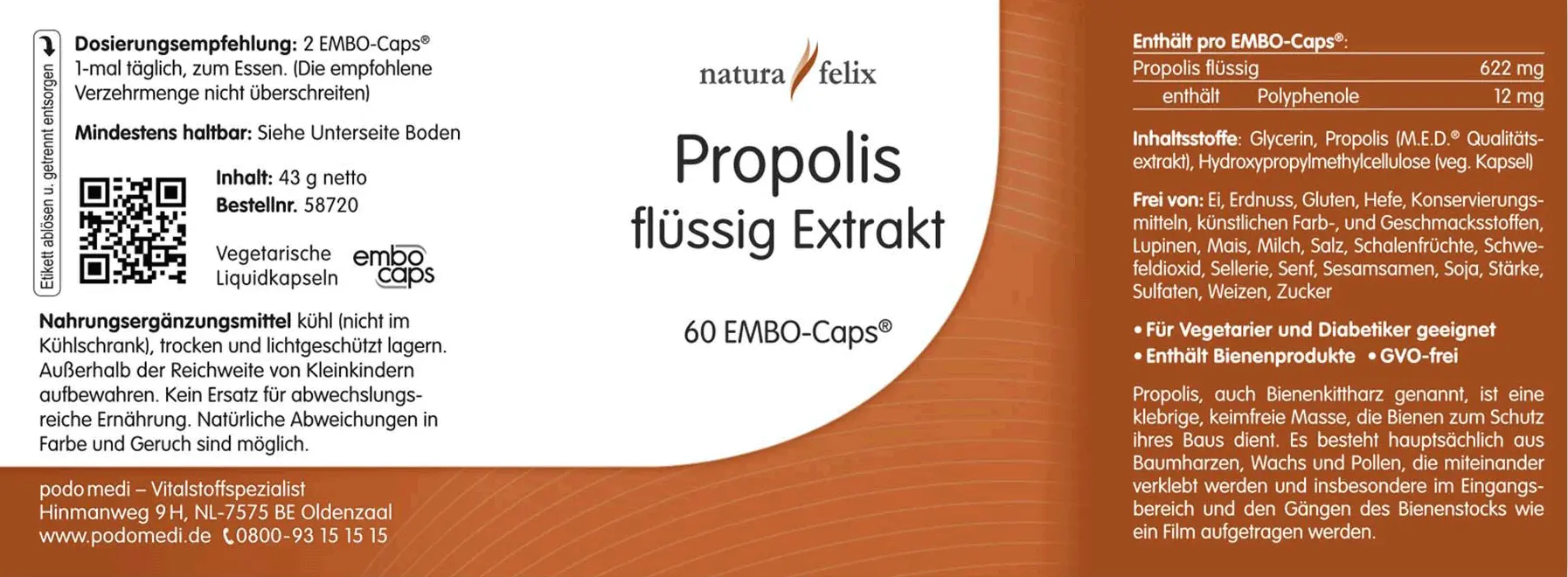 Natura Felix Propolis flüssig Extrakt 60 EMBO-Caps. EAN: 8717729191521