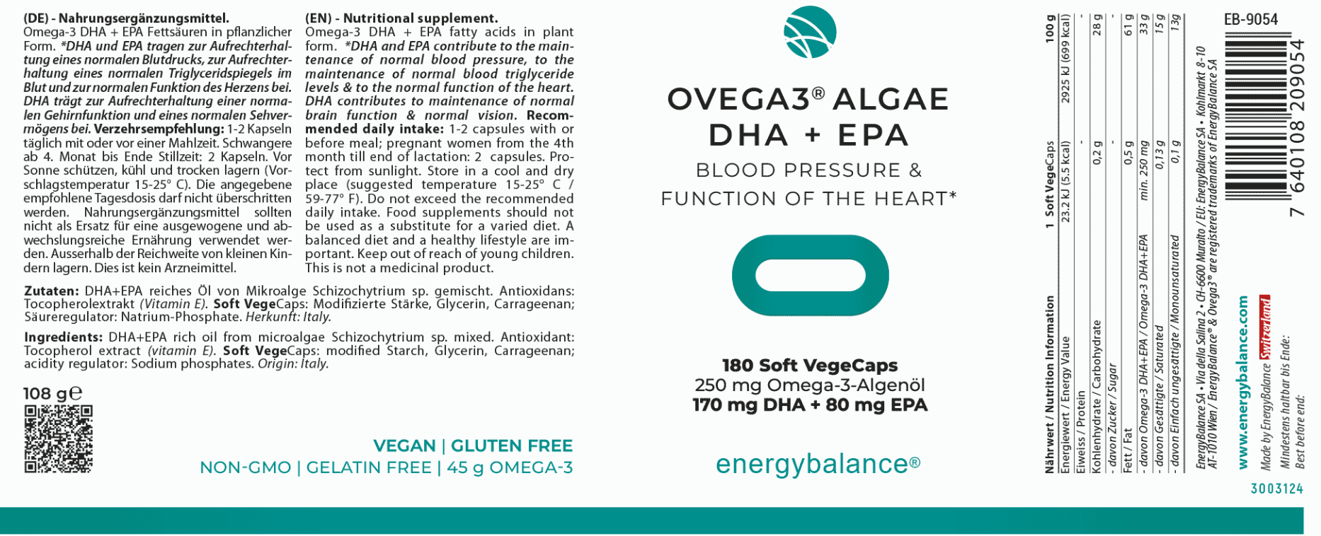 EnergyBalance Ovega3 Algae DHA + EPA, Algenöl 250 mg Omega-3, 180 VegeCaps  EAN: 7640108209054