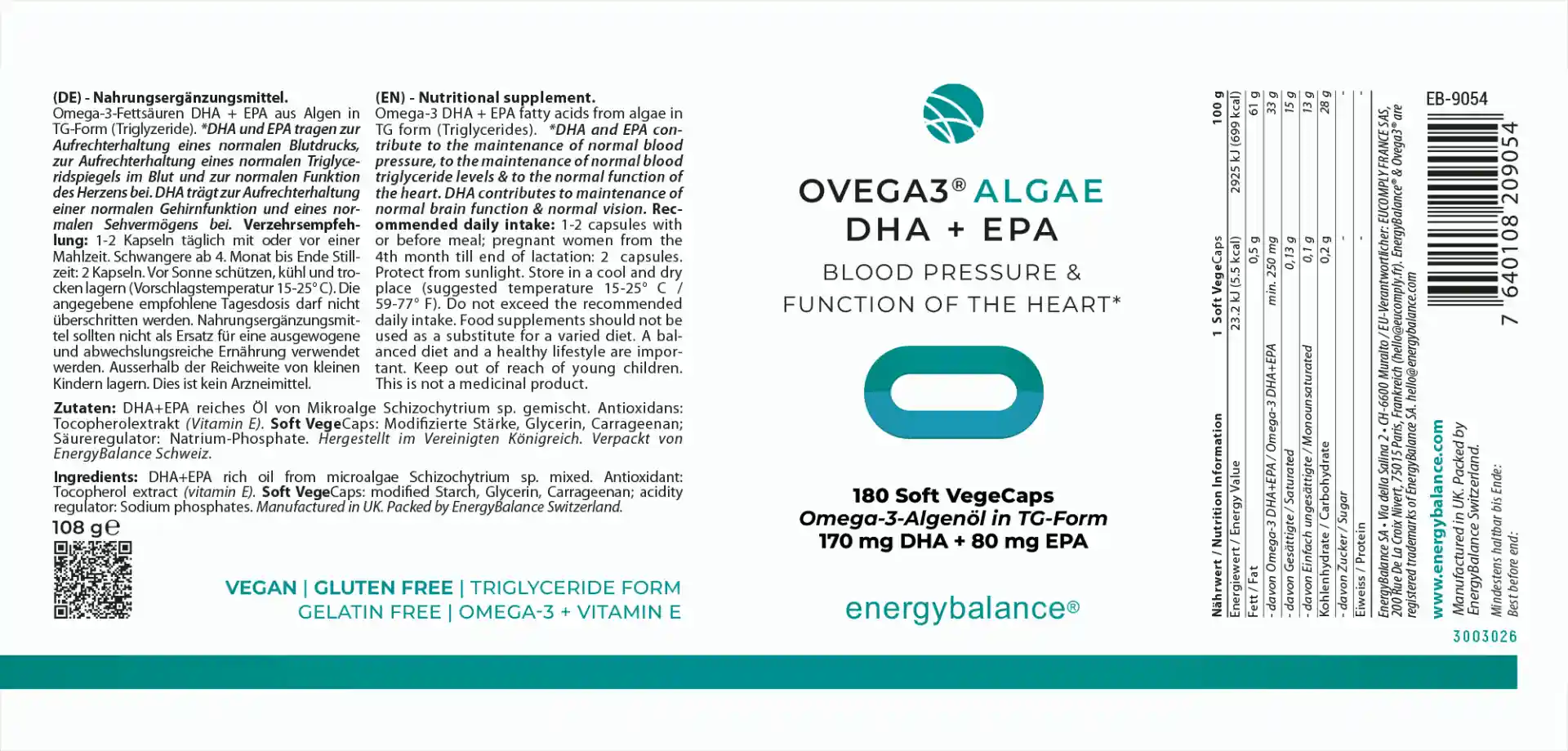 EnergyBalance Ovega3 Algae DHA + EPA, Algenöl 250 mg Omega-3, 180 VegeCaps  EAN: 7640108209054