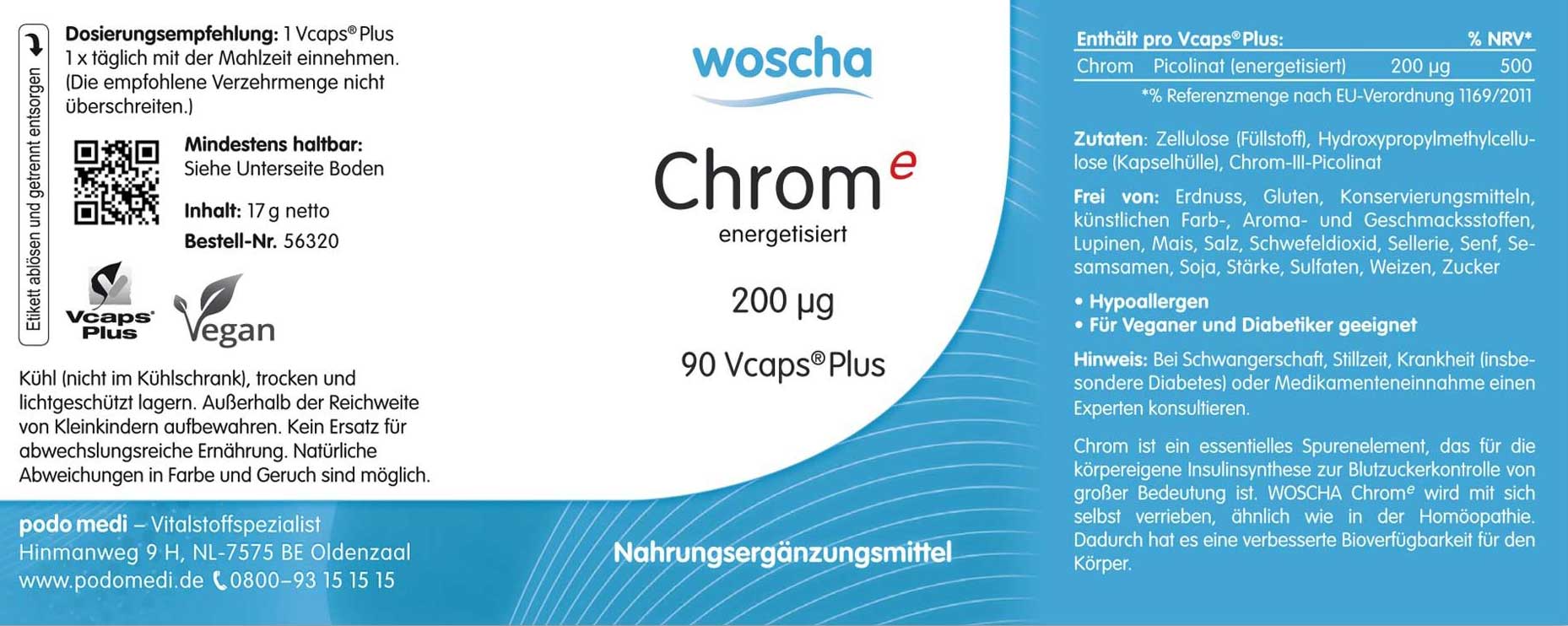Woscha Chrom Energetisiert von podo medi beinhaltet 90 Kapseln Etikett
