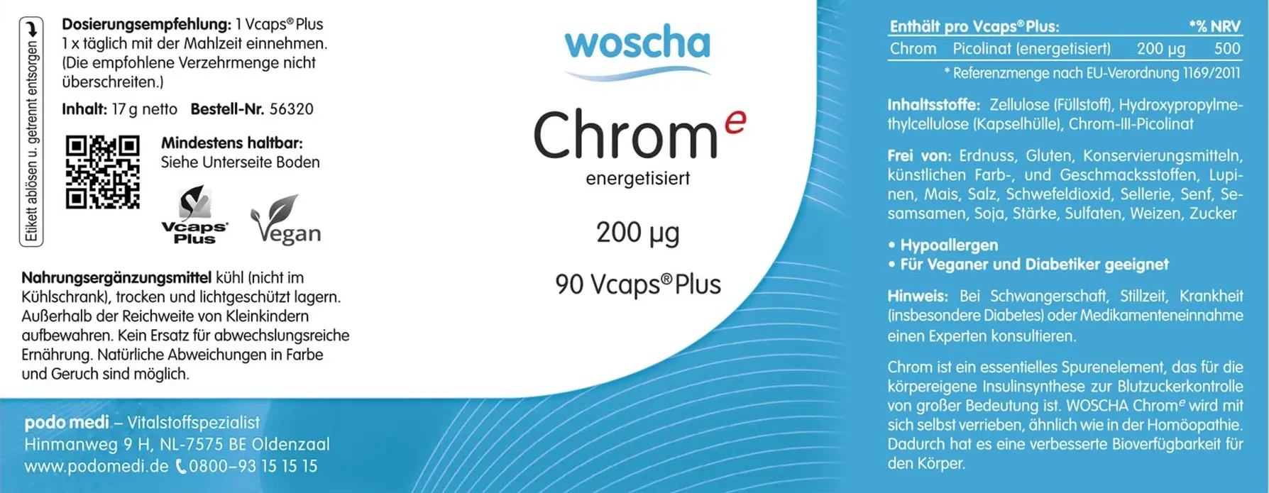 Woscha Chrom Energetisiert von podo medi beinhaltet 90 Kapseln Etikett