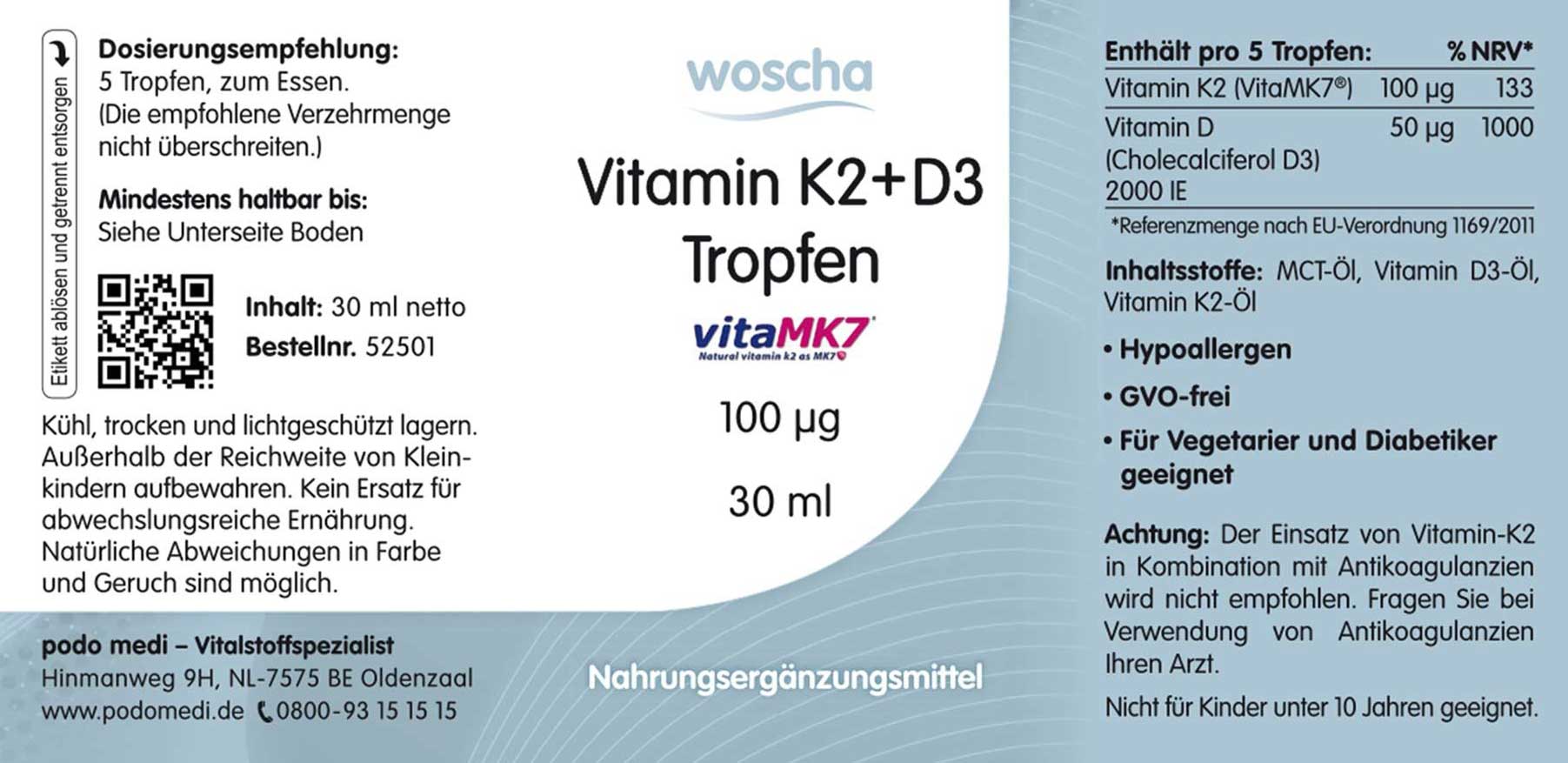 Woscha Vitamin K2 + D3 Tropfen von podo medi in 30 Milliliter Flasche Etikett