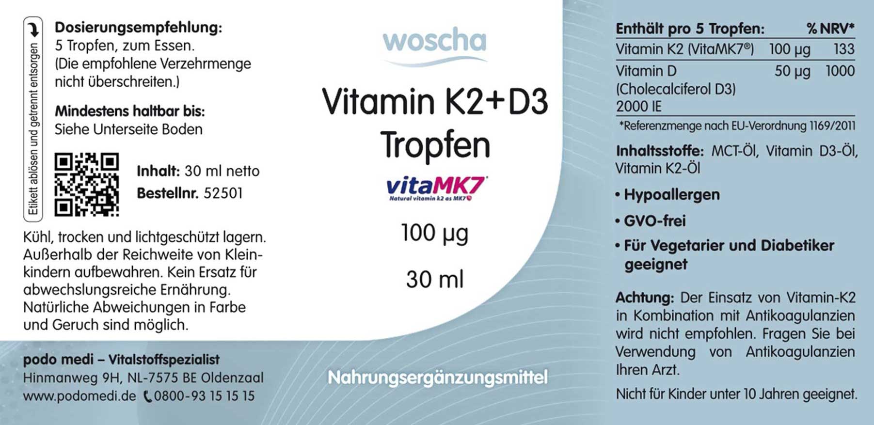 Woscha Vitamin K2 + D3 Tropfen podo medi 30 ml Etikett Woscha Vitamin K2 + D3 Tropfen von podo medi in 30 Milliliter Flasche Etikett