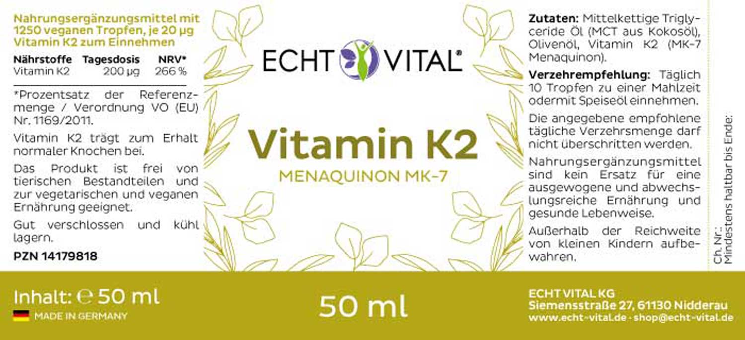 Etikett Vitamin K2 Tropfen von Echt Vital in 50 Milliliter Flasche