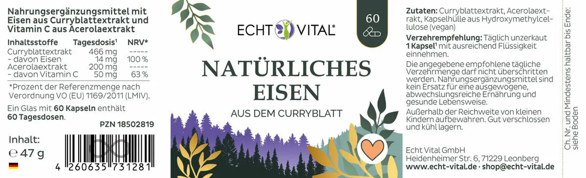 Eisen aus dem Curryblatt mit Acerola, 60 Kapseln