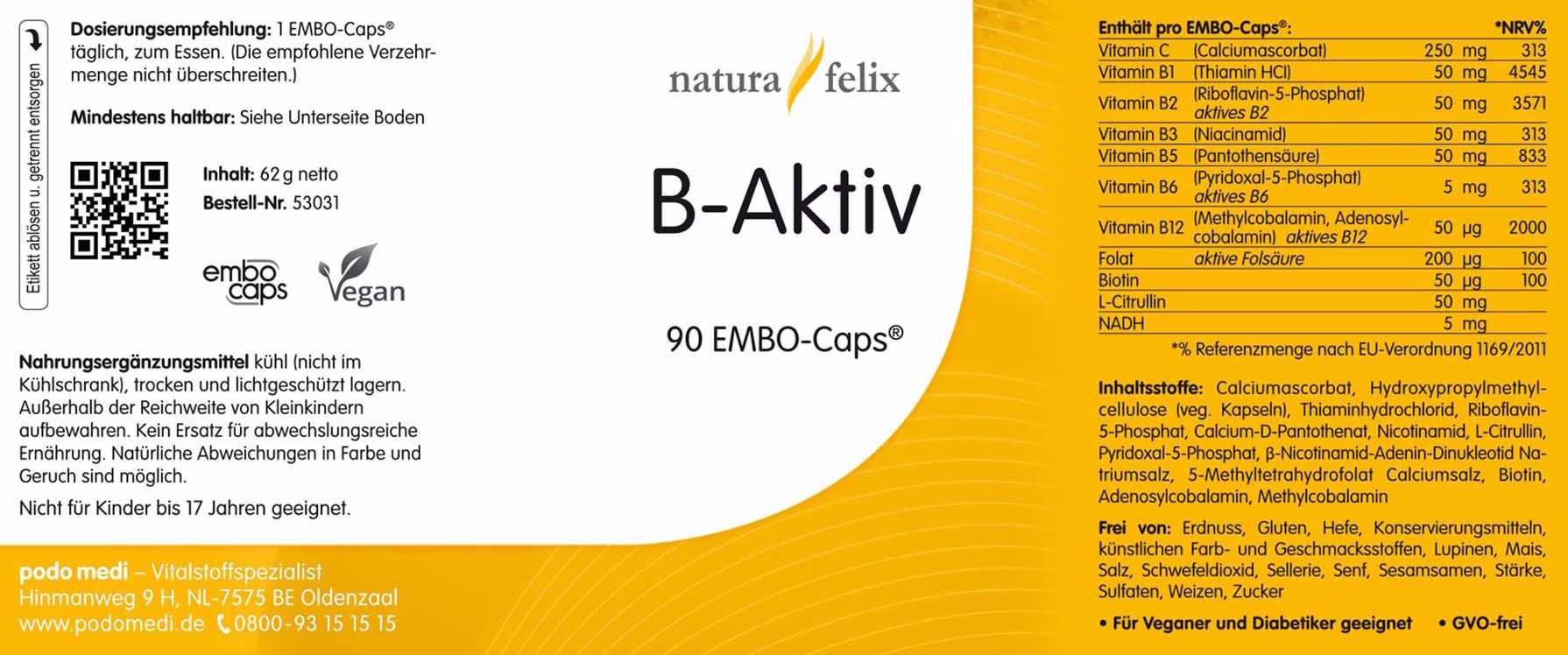 Natura Felix B-Aktiv von podo medi beinhaltet 90 Kapseln Etikett Natura Felix B-Aktiv von podo medi beinhaltet 90 Kapseln Etikett