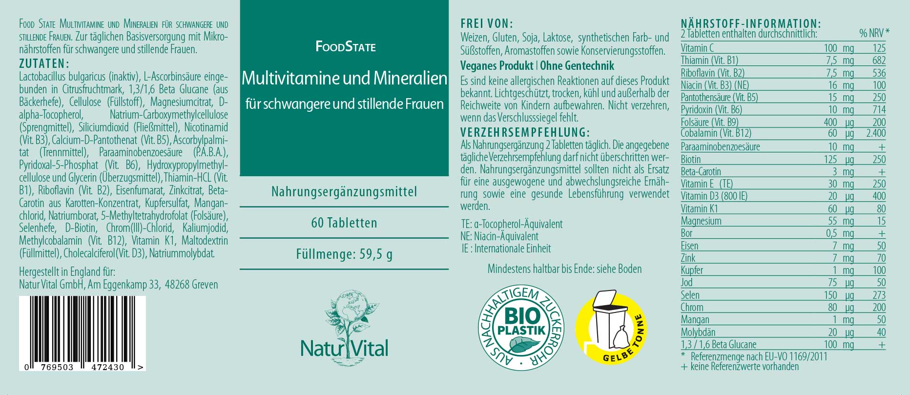 Multivitamine und Mineralien für schwangere und stillende Frauen von Natur Vital Etikett