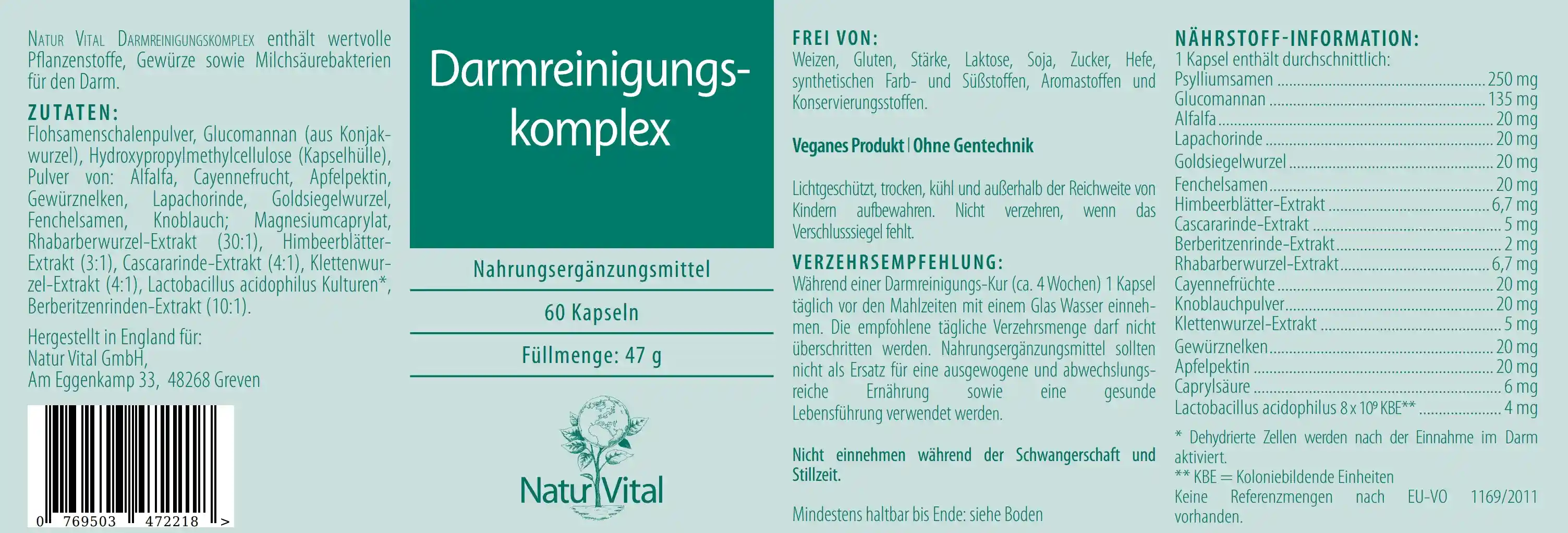 Etikett Darmreinigungskomplex von Natur Vital