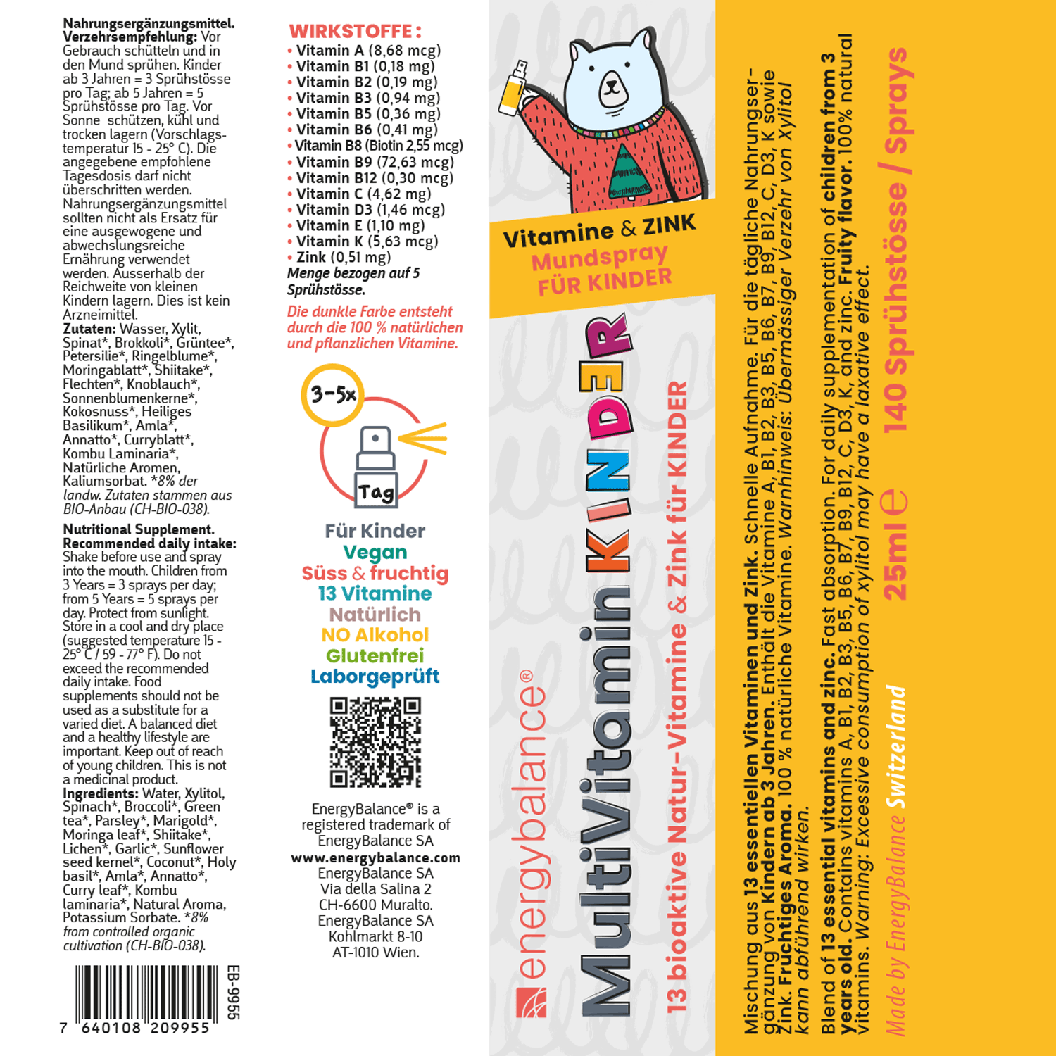 EnergyBalance Multivitamin Kinder Mundspray mit 13 bioaktiven Natur-Vitaminen, 25 ml Müdigkeit EAN: 7640108209955