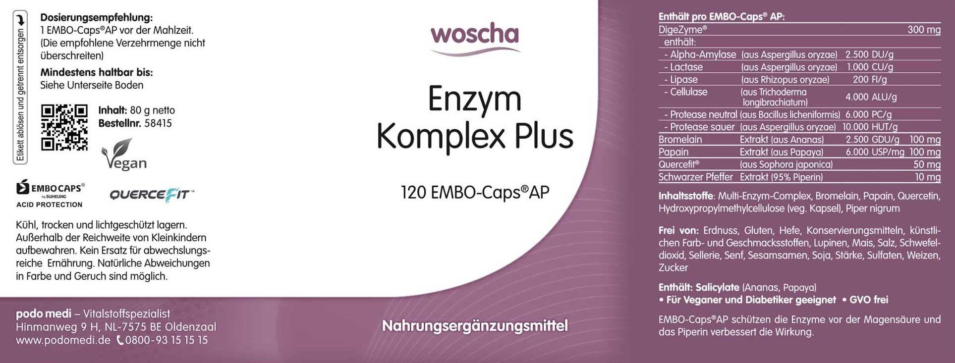 Woscha Enzym Komplex Plus von podo medi beinhaltet 120 Kapseln Etikett