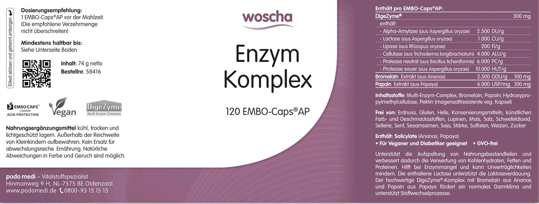 Woscha Enzym Komplex Plus von podo medi beinhaltet 120 Kapseln Etikett