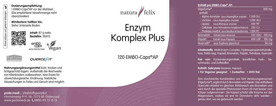 natura-felix Enzym Komplex Plus von podo medi beinhaltet 120 Kapseln Etikett