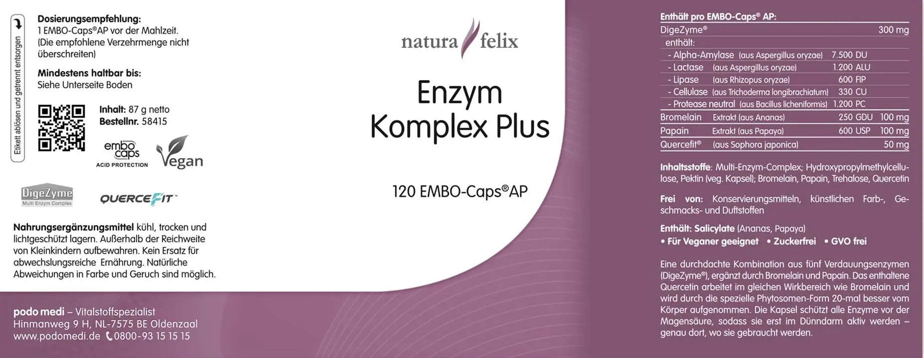 natura-felix Enzym Komplex Plus von podo medi beinhaltet 120 Kapseln Etikett