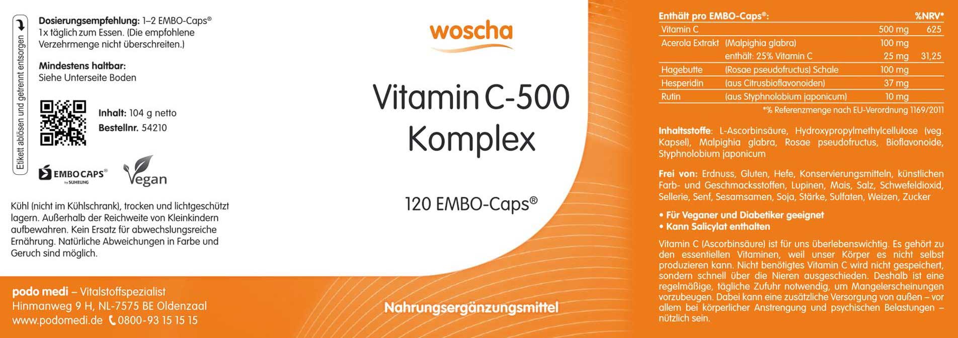 Woscha Vitamin C-500 Komplex von podo medi beinhaltet 120 Kapseln Etikett