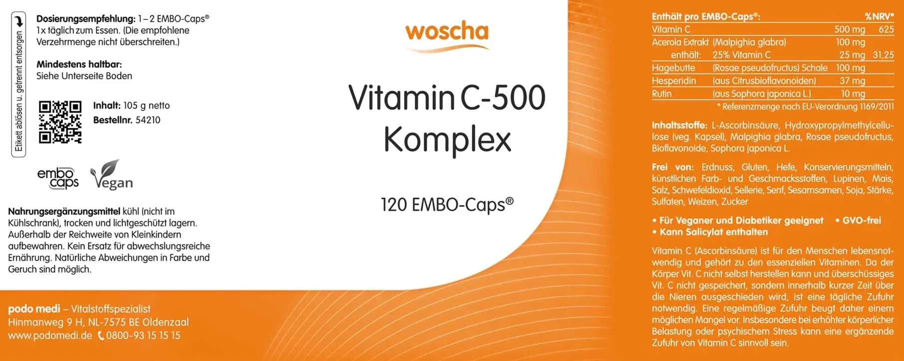 Woscha Vitamin C-500 Komplex von podo medi beinhaltet 120 Kapseln Etikett