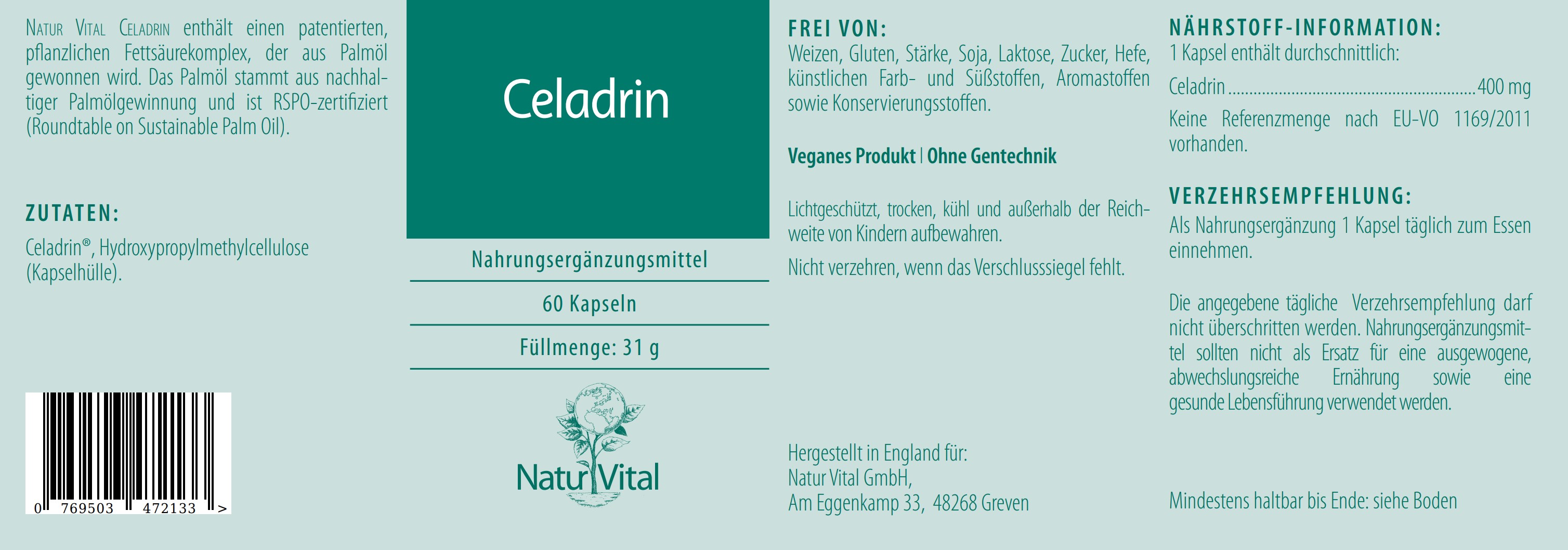 Natur Vital Celadrin, 60 Kapseln  EAN: 4262512990132