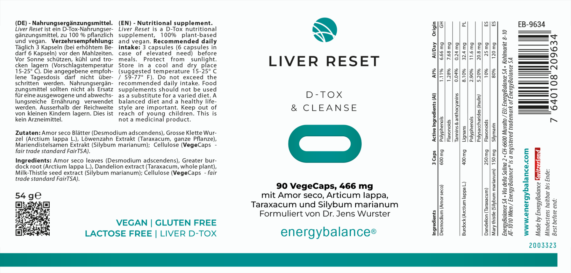 EnergyBalance Liver Reset Natural Vegan Mix 466mg, 90 VegeCaps Leberschäden EAN: 7640108209634