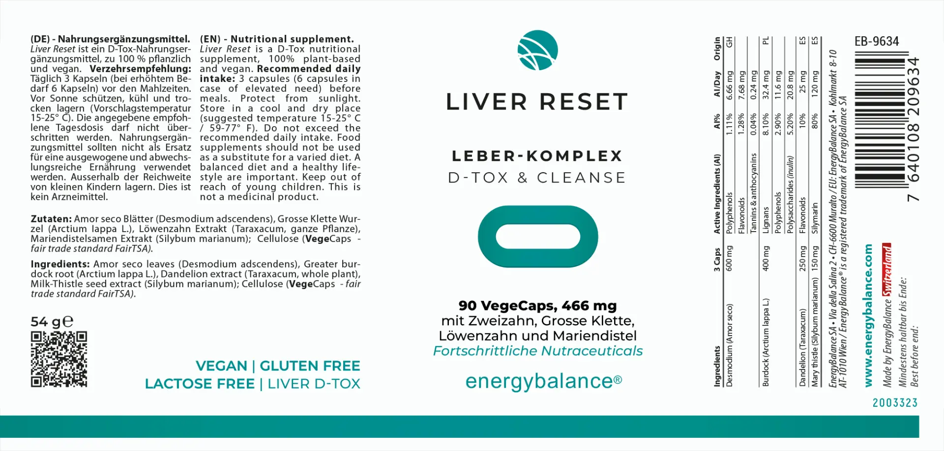 EnergyBalance Liver Reset Natural Vegan Mix 466mg, 90 VegeCaps Leberschäden EAN: 7640108209634