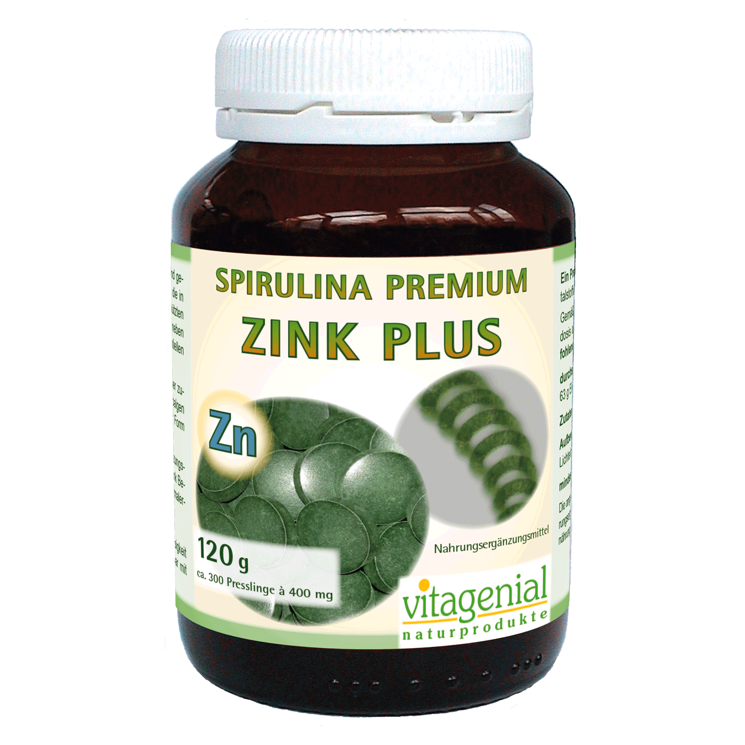 Vitagenial Spirulina Premium Zink Plus in 120 Gramm Version beinhaltet 300 Presslinge