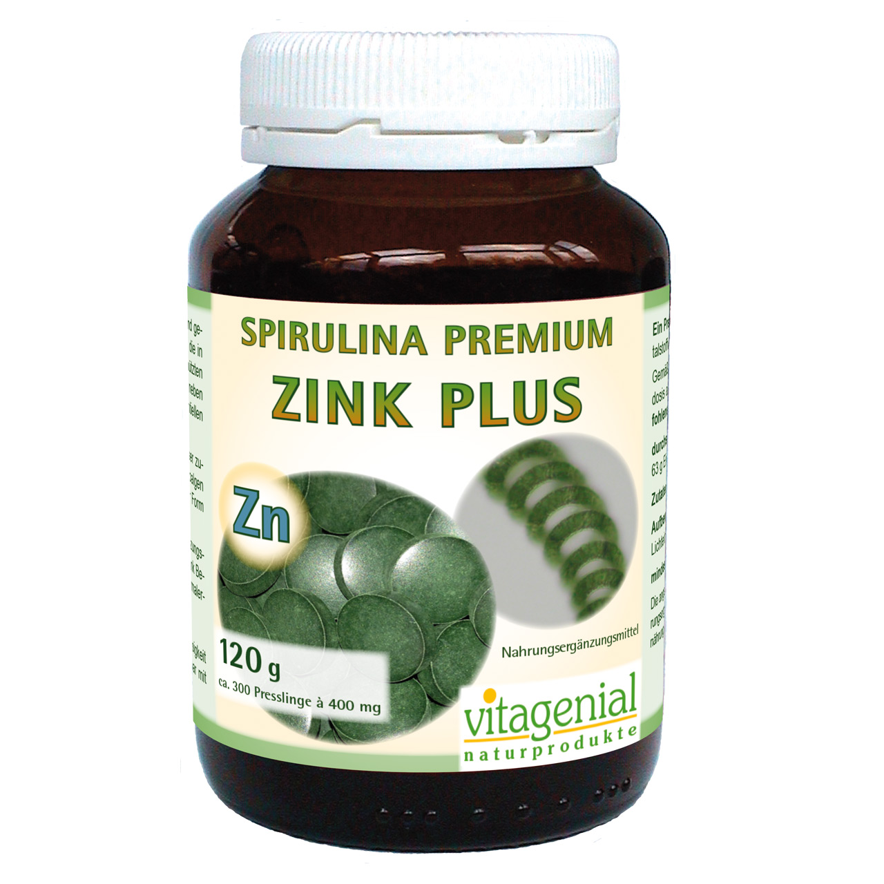 Vitagenial Spirulina Premium Zink Plus in 120 Gramm Version beinhaltet 300 Presslinge