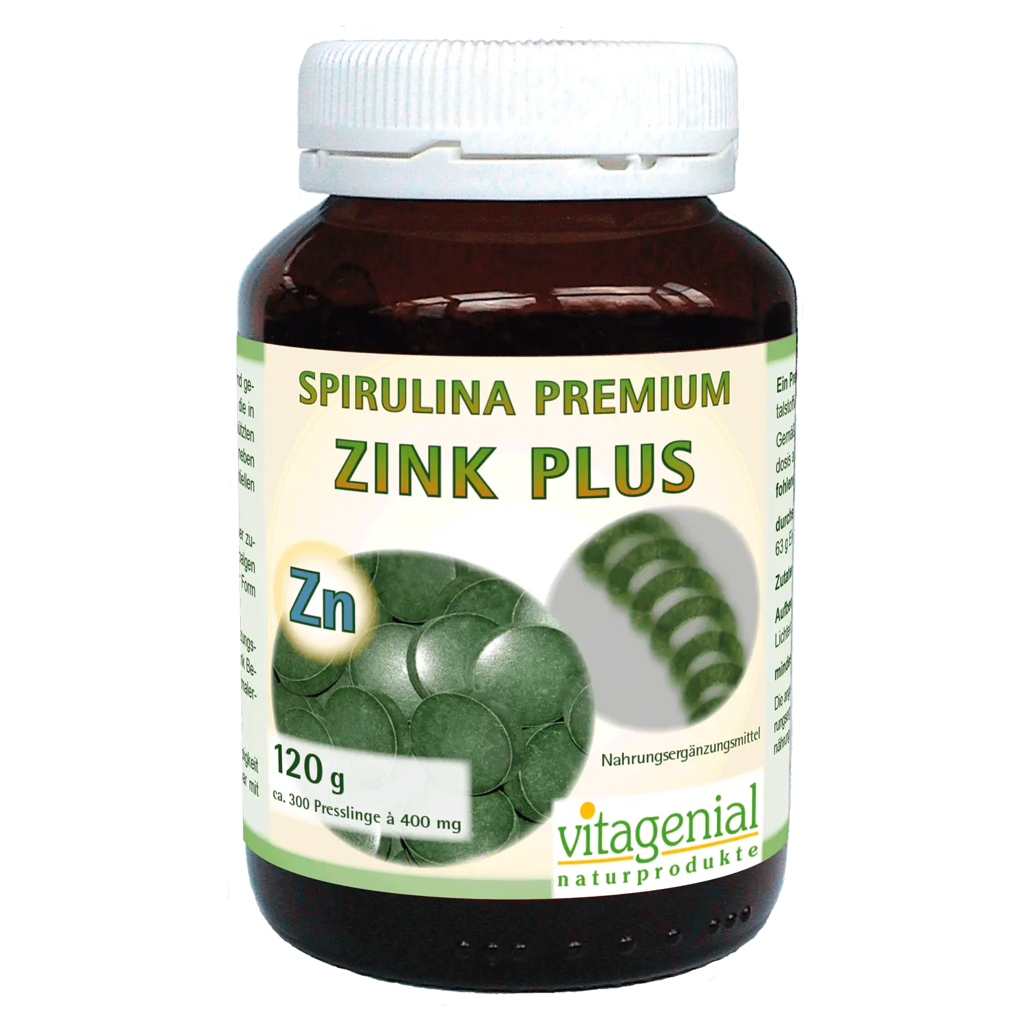 Vitagenial Spirulina Premium Zink Plus in 120 Gramm Version beinhaltet 300 Presslinge