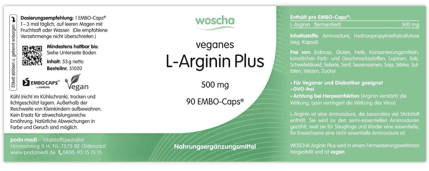 Woscha L-Arginin Plus podo medi 90 EMBO-Caps Etikett Woscha L-Arginin Plus von podo medi beinhaltet 90 EMBO-Caps Etikett