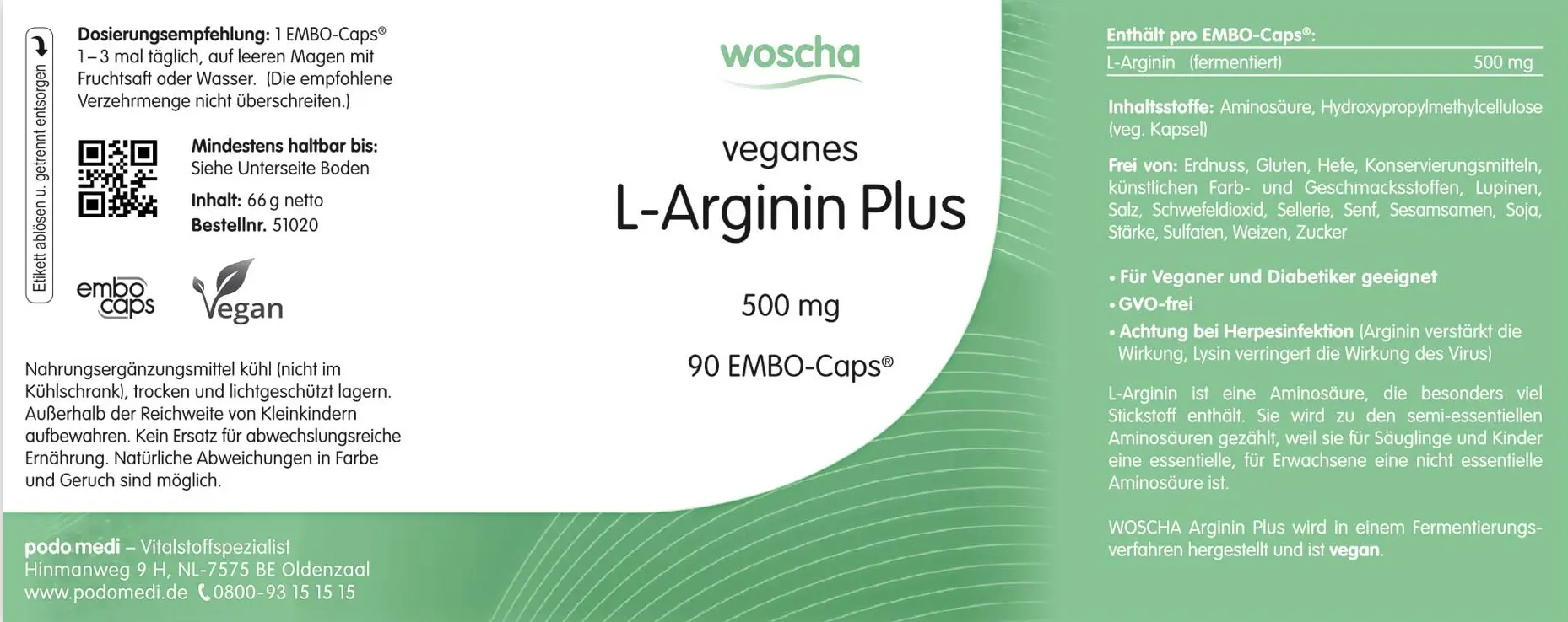 Woscha L-Arginin Plus von podo medi beinhaltet 90 EMBO-Caps Etikett