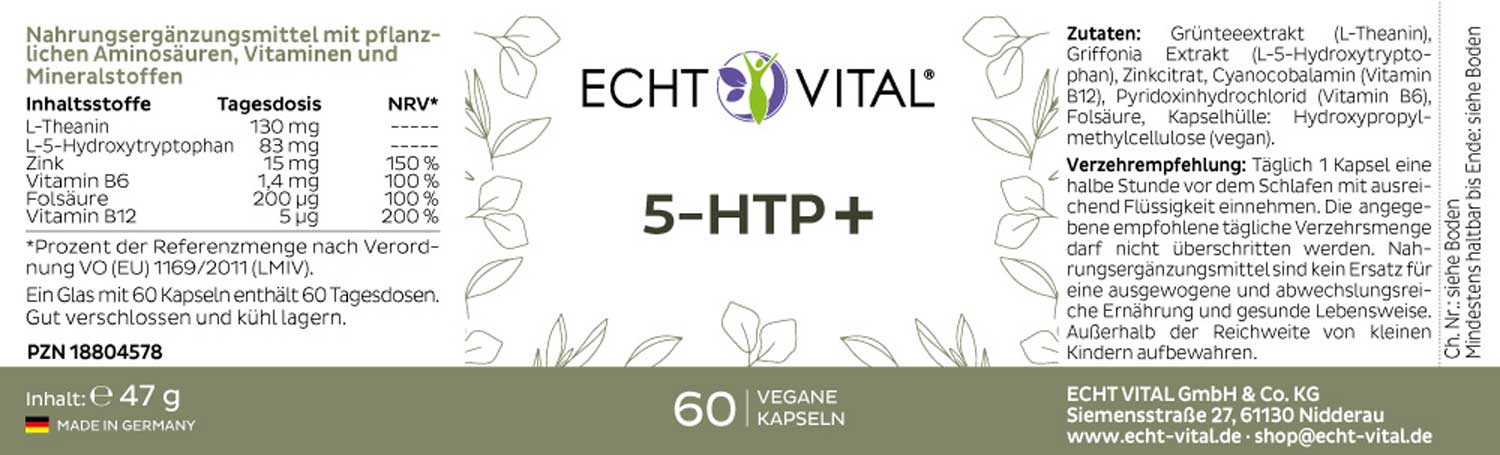 Echt Vital 5-HTP+ mit Vitamin B Nährwerte der 60 Kapsel Version