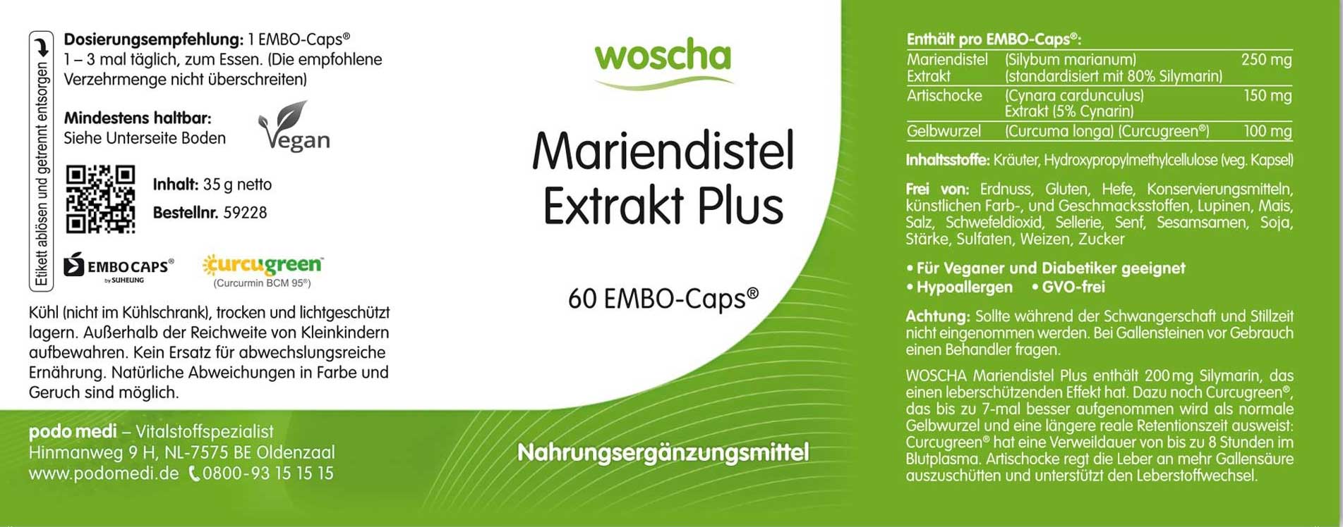 Woscha Mariendistel Extrakt Plus von podo medi beinhaltet 60 Caps Etikett