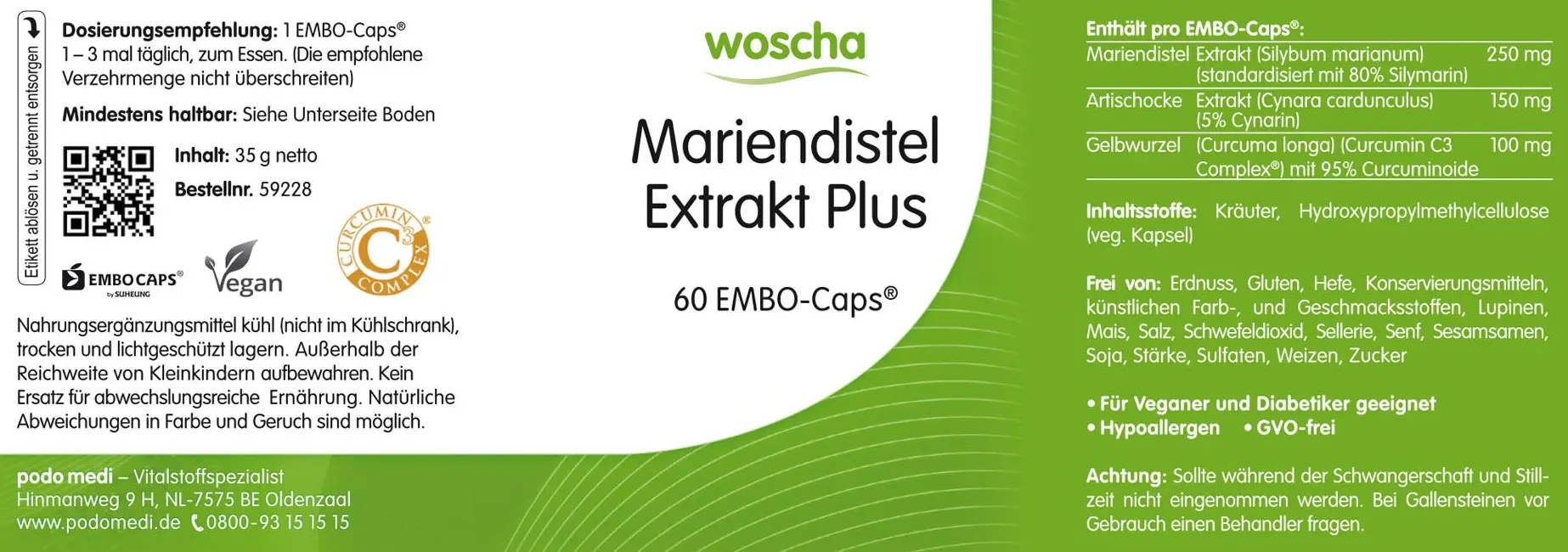 Woscha Mariendistel Extrakt Plus von podo medi beinhaltet 60 Caps Etikett